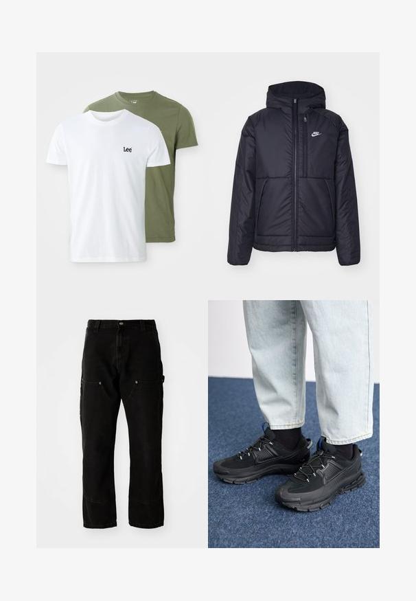 Czarna, pikowana kurtka Nike z przednim zamkiem błyskawicznym i kapturem. Posiada białe logo po lewej stronie klatki piersiowej oraz podwójne kieszenie z przodu. Gładka struktura zewnętrzna.; Dwie koszulki z krótkim rękawem: jedna biała z czarnym logo "Lee", a druga oliwkowa. Obie wykonane są z miękkiej bawełny w klasycznym kroju.; Czarne spodnie cargo z denimu o luźnym kroju, z dwoma przednimi kieszeniami, kieszeniami bocznymi i widocznymi detalami przeszycia.; Czarne buty sportowe z teksturowanej tkaniny i gumowymi podeszwami, z elastycznymi sznurówkami i niebieskim akcentem na pięcie. Noszone z jasnymi dżinsami.