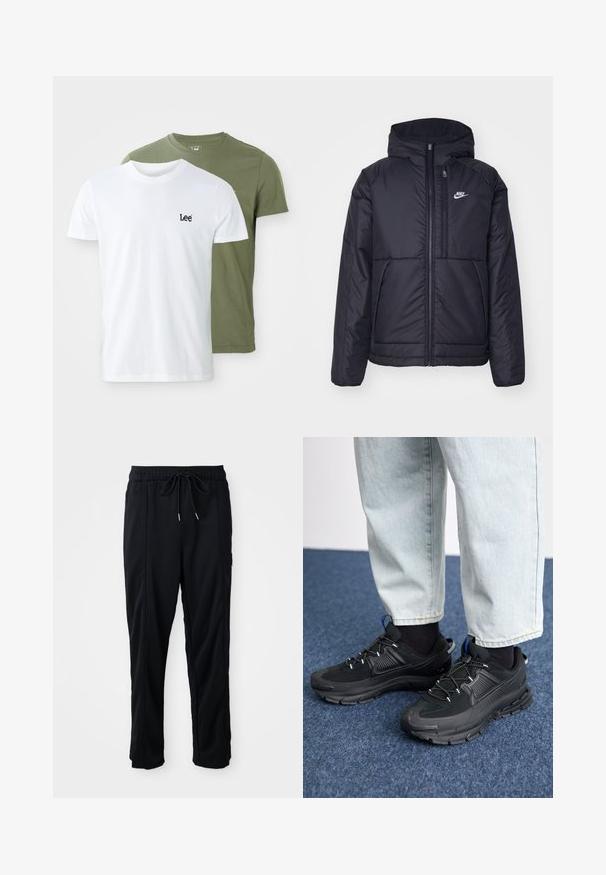 Svart, vadderad Nike-jacka med dragkedja framtill och huva. Har en vit logotyp på vänster bröst och dubbla framfickor. Slät yttextur.; Två kortärmade t-shirts: en vit med en svart "Lee"-logga och en olivgrön. Båda är gjorda av mjuk bomull med en klassisk passform.; Svarta byxor med dragsko i midjan, avslappnad stil, med sidfickor och rak benklippning på en plain bakgrund.; Svarta sportskor med texturerat tyg och gummisulor, med elastiska snörningar och en blå detalj på hälen. Bärs med ljusa jeans.