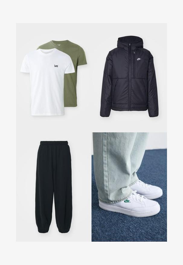 Μαύρο, επενδυμένο μπουφάν Nike με μπροστινό φερμουάρ και κουκούλα. Διαθέτει λευκό λογότυπο στο αριστερό στήθος και διπλές μπροστινές τσέπες. Λείο εξωτερικό υλικό.; Δύο κοντομάνικα μπλουζάκια: ένα λευκό με μαύρο λογότυπο "Lee" και ένα χακί. Και τα δύο είναι φτιαγμένα από μαλακό βαμβάκι με κλασική εφαρμογή.; Μαύρες, φόρμες με ελαστική μέση και χαλαρή εφαρμογή, με ρεβέρ στους αστραγάλους, λεία υφή και χωρίς ορατά μοτίβα ή αξεσουάρ.; Λευκά δερμάτινα sneakers με πράσινο λογότυπο Nike, στρογγυλή μύτη, επίπεδη σόλα, συνδυασμένα με ανοιχτό μπλε τζην παντελόνι, τοποθετημένα σε μπλε χαλί.