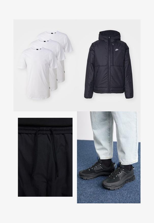 Čierna, polstrovaná bunda Nike so zipsom vpredu a kapucňou. Na ľavej strane hrude sa nachádza biele logo a sú tu dva predné vrecká. Hladký vonkajší povrch.; Tri jednoduché biele bavlnené tričká s krátkymi rukávmi, okrúhlym výstrihom a čiernymi visačkami na spodnom leme. Klasický strih a hladká textúra.; Čierne šortky s pásom na stiahnutie, z ľahkej látky s hladkou textúrou a jednoduchým dizajnom bez viditeľných log alebo vzorov.; Čierne športové topánky s textúrovanou tkaninou a gumovou podrážkou, so elastickými šnúrkami a modrým akcentom na päte. Nosia sa s svetlými riflami.