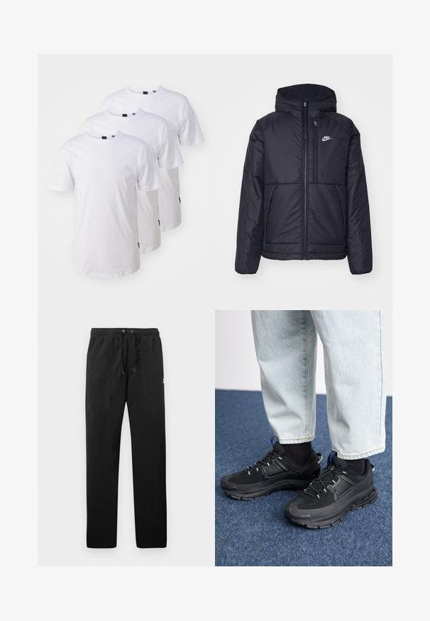 Must musta Nike jope, millel on ees lukuga avamine ja kapuuts. Vasakpoolne rind on kaunistatud valge logoga ning ees on kaks taskut. Sile välimine tekstuur.; Kolm lihtsat valget puuvillast t-särki, millel on lühikesed varrukad ja ümarseljaga kaelus. Sildid on nähtavad ääres.; Mustad fliisist sportpüksid, millel on elastne vöö ja paelad, kaks esi-taskut ning väike logo reie peal.; Mustad mustad jooksukingad, millel on tekstureeritud kangas ja kummist tallad, elastsed nöörid ning sinine aksent kandadel. Kandmine heledate teksadega.