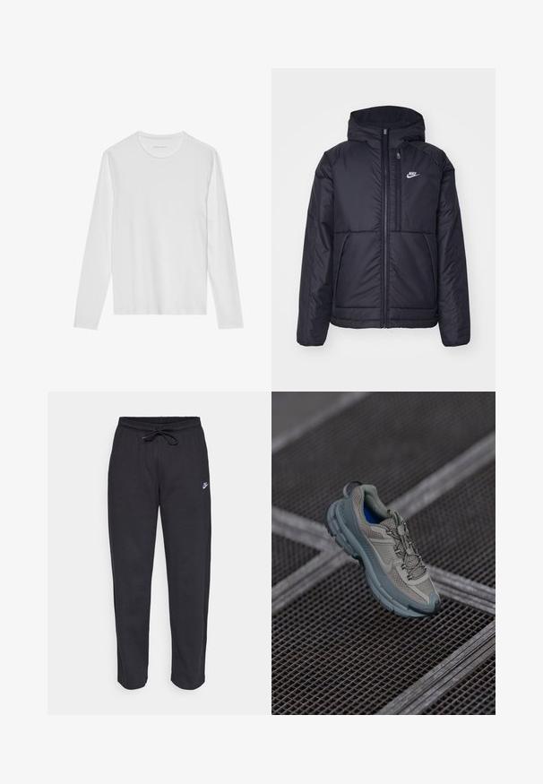 Μαύρο, επενδυμένο μπουφάν Nike με μπροστινό φερμουάρ και κουκούλα. Διαθέτει λευκό λογότυπο στο αριστερό στήθος και διπλές μπροστινές τσέπες. Λείο εξωτερικό υλικό.; Λευκή μπλούζα με μακριά μανίκια φτιαγμένη από μαλακό ύφασμα, με στρογγυλή λαιμόκοψη και απλό σχέδιο χωρίς ορατά μοτίβα ή λεπτομέρειες.; Μαύρες φόρμες από μαλακό ύφασμα με ελαστική μέση, κορδόνι και μικρό λογότυπο Nike στο αριστερό μηρό.; Πετρόλ και γκρι αθλητικό παπούτσι με υφασμάτινη επένδυση, στρογγυλή μύτη και καουτσουκέιν σόλα, διαθέτοντας κορδόνια και μαξιλαρωμένη περιφέρεια.