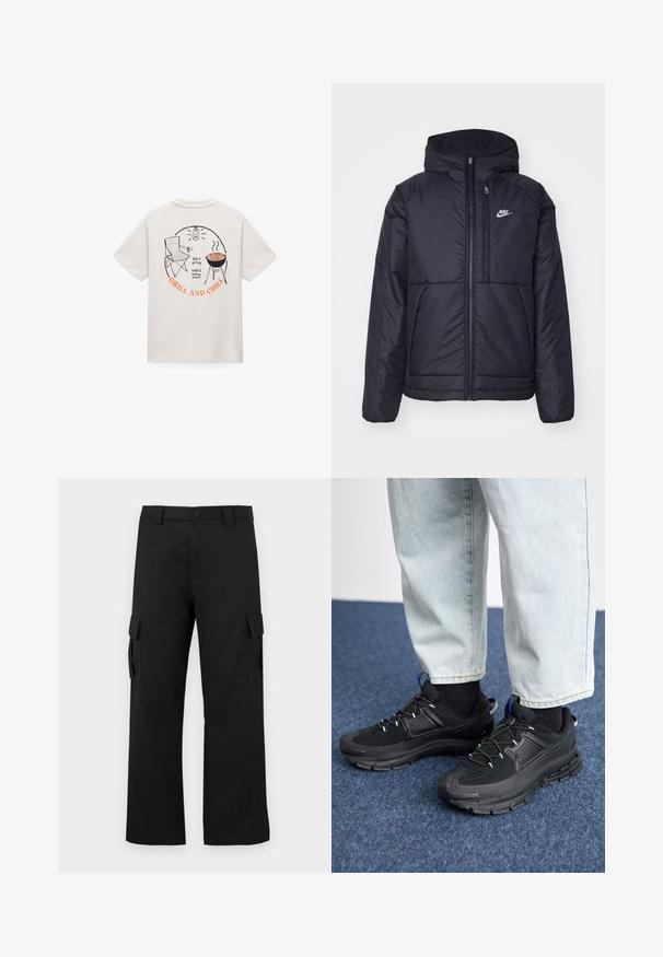 Black, padded Nike jacket with a front zipper and hood. Features a white logo on the left chest and dual front pockets. Smooth exterior texture.; White T-shirt with a back print showing a folding chair, grill with sausages, lantern, and text "425°F grilling, 600°F baking pizzas, GRILL AND CHILL."; Black cargo pants with a straight leg design. Made from durable fabric, featuring two side pockets with flap closures and a button fly.; Black athletic shoes with textured fabric and rubber soles, featuring elastic laces and a blue accent on the heel. Worn with light denim pants.