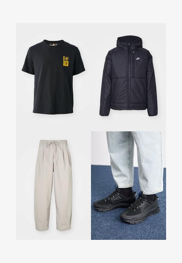 Must musta Nike jope, millel on ees lukuga avamine ja kapuuts. Vasakpoolne rind on kaunistatud valge logoga ning ees on kaks taskut. Sile välimine tekstuur.; Must mustusega T-särk lühikeste varrukatega, ümmargune kaelus, millel on vasakul rinnaku alal kollane Timberlandi logo. Sile tekstuur.; Beeži, kerged püksid elastse vöökoha ja nööriga. Omavad voldikuid ja laia istuvust, valmistatud pehmest, siledast kangast.; Mustad mustad jooksukingad, millel on tekstureeritud kangas ja kummist tallad, elastsed nöörid ning sinine aksent kandadel. Kandmine heledate teksadega.