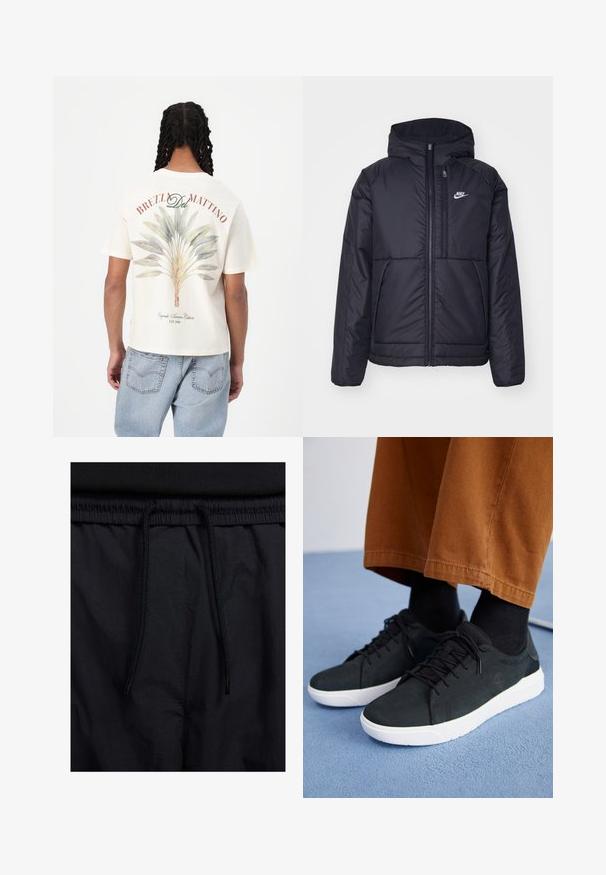 Černá zateplená bunda Nike s předním zipem a kapucí. Na levé straně hrudi má bílé logo a dvojité přední kapsy. Hladký povrch.; Krátký rukáv krémového trička s designem zeleného a modrého listu na zádech, s červeným textem "BREZL Del MATTINO" nad ním.; Černé šortky s páskem na šňůrku, lehký materiál s hladkou texturou a jednoduchý design bez viditelných log nebo vzorů.; Černé semišové tenisky s bílými gumovými podešvemi, s šněrovacím designem, texturovanými detaily a jemným logem, spárované s hnědými kalhotami.