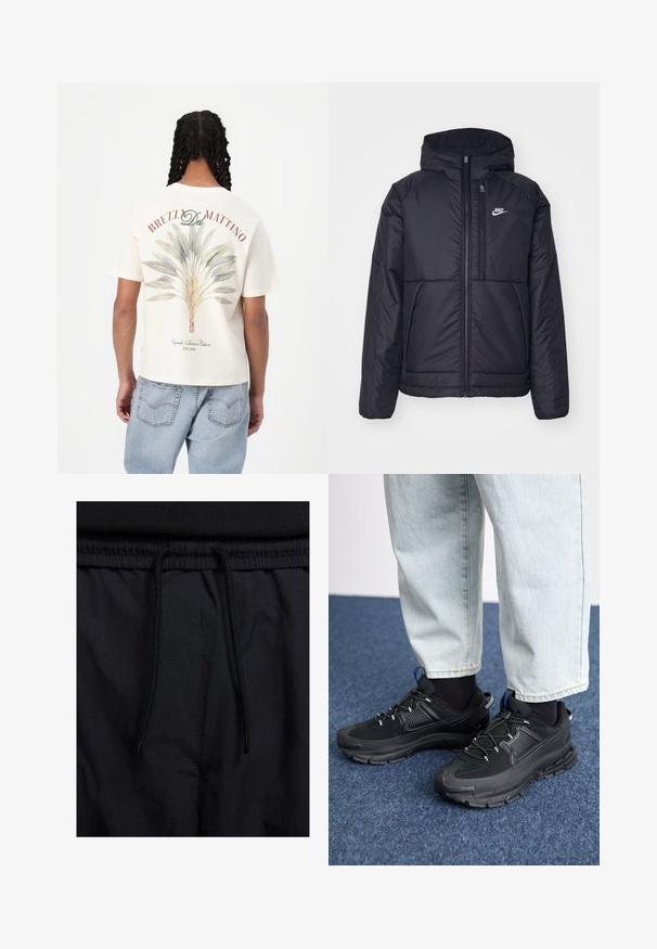 Black, padded Nike jacket with a front zipper and hood. Features a white logo on the left chest and dual front pockets. Smooth exterior texture.; Short-sleeve cream t-shirt featuring a green and blue leaf design on the back, with red text reading "BREZL Del MATTINO" above it.; Black shorts featuring a drawstring waistband, lightweight fabric with a smooth texture, and a simple design without visible logos or patterns.; Black athletic shoes with textured fabric and rubber soles, featuring elastic laces and a blue accent on the heel. Worn with light denim pants.