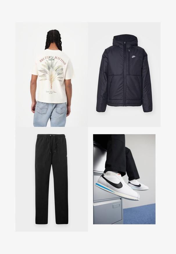 Juodas, paminkštintas Nike džemperis su priekyje užtrauktuku ir gobtuvu. Pasižymi balta logo kairėje krūtinės pusėje ir dviem priekinėmis kišenėmis. Su lygiu išoriniu paviršiumi.; Kreminė trumpų rankovių marškinėliai, kurių nugaros dalyje pavaizduoti žali ir mėlyni lapai, virš jų raudonas užrašas "BREZL Del MATTINO".; Juodos vilnonės kelnės su elastiniu juosmeniu ir raišteliais, dviem priekinėmis kišenėmis ir maža slogo ant šlaunies.; Baltos odinės sportbačiai su juodu Nike logotipu, šviesiai mėlyna ir pilka guma padais bei klasikiniu raištelių dizainu. Kojos remiasi į dokumentų spintą.