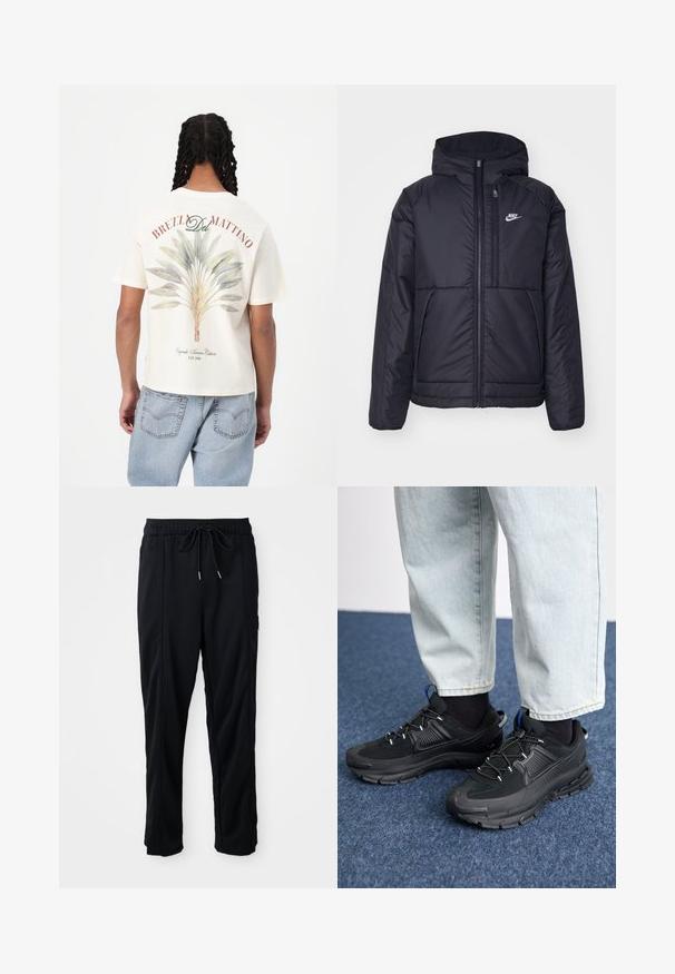 Black, padded Nike jacket with a front zipper and hood. Features a white logo on the left chest and dual front pockets. Smooth exterior texture.; Short-sleeve cream t-shirt featuring a green and blue leaf design on the back, with red text reading "BREZL Del MATTINO" above it.; Black drawstring waist casual pants with side seam pockets and straight leg cut on a plain background.; Black athletic shoes with textured fabric and rubber soles, featuring elastic laces and a blue accent on the heel. Worn with light denim pants.