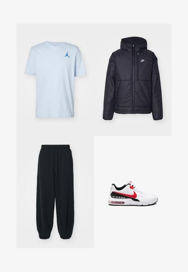 Černá zateplená bunda Nike s předním zipem a kapucí. Na levé straně hrudi má bílé logo a dvojité přední kapsy. Hladký povrch.; Světle modré bavlněné tričko s krátkými rukávy a kulatým výstřihem. Na levé části hrudi je vyšitý modrý logo Jumpman.; Černé teplákové kalhoty s elastickým pasem, volným střihem, manžetami na kotnících, hladkým povrchem a bez viditelných vzorů či kovových detailů.; Bílé sportovní boty s černými a červenými akcenty, s hladkým koženým svrškem, šněrováním v přední části a viditelným vzduchovým polstrováním v podrážce.