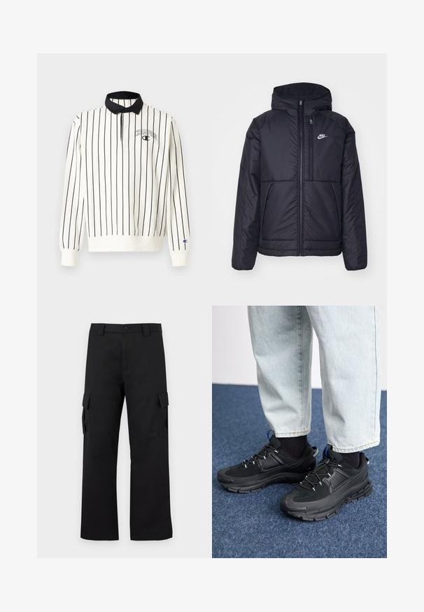 Svart, polstret Nike-jakke med frontglidelås og hette. Har en hvit logo på venstre bryst og doble frontlommer. Glatt ytterside.; Hvit langermet polo med svarte vertikale striper, en ensfarget svart krage, og en liten "Champion"-logo på venstre bryst. Mansjetter på ermene.; Svarte cargo-bukser med rett ben-design. Laget av slitesterkt stoff, med to sidelommer med klaffelukking og knappestolpe.; Svarte sportssko med teksturert stoff og gummisåler, med elastiske lisser og en blå detalj på hælen. Brukt med lyse denimbukser.