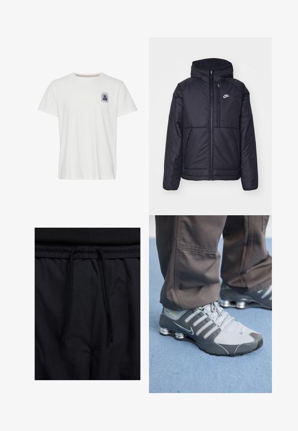Črna, podložena Nike jakna z sprednjim zadrgo in kapuco. Ima bel logo na levem prsnem delu in dvojna sprednja žepa. Gladka zunanja tekstura.; Bela bombažna majica s kratkimi rokavi, okroglim izrezom in majhnim modrim potiskom na levem prsnem delu, ki prikazuje palme in besedilo.; Črne kratke hlače z vrvico v pasu, lahkotna tkanina z gladko teksturo in preprosto zasnovo brez vidnih logotipov ali vzorcev.; Sive in srebrne Nike Shox teniske imajo eleganten dizajn, z mrežastimi in sintetičnimi materiali, zaobljenim nosom in oblazinjenim ovratnikom.