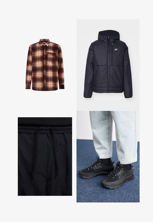 Musta, pehmustettu Nike-takki, jossa on etuvetoketju ja huppu. Vasemmassa rinnassa on valkoinen logo ja takissa on kaksinkertaiset etutaskut. Pintakoe on sileä.; Punainen ja musta ruudullinen villapaita, jossa on napitettava kaulus, pitkät hihat ja etutasku. Pehmeä rakenne ja ruudullinen kuvio.; Mustat shortsit, joissa on naru vyötäröllä, kevyestä kankaasta valmistettu, sileä tekstuuri ja yksinkertainen muotoilu ilman näkyviä logoja tai kuvioita.; Mustat urheilukengät, joissa on teksturoitu kangas ja kumipohjat, elastiset nauhat ja sininen yksityiskohta kannassa. Yhdistetty vaaleisiin farkkuihin.