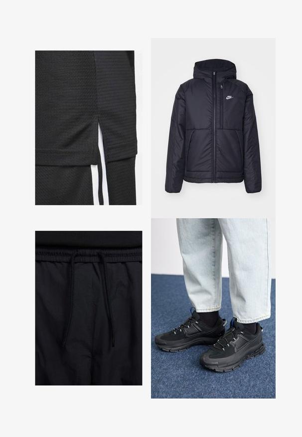 Černá zateplená bunda Nike s předním zipem a kapucí. Na levé straně hrudi má bílé logo a dvojité přední kapsy. Hladký povrch.; Černý sportovní dres s texturovanou tkaninou, krátkým lemem se bočními rozparky a bílými akcentovými pruhy po stranách.; Černé šortky s páskem na šňůrku, lehký materiál s hladkou texturou a jednoduchý design bez viditelných log nebo vzorů.; Černé sportovní boty s texturovanou tkaninou a gumovou podrážkou, s elastickými tkaničkami a modrým akcentem na patě. Nosí se s světlými džíny.