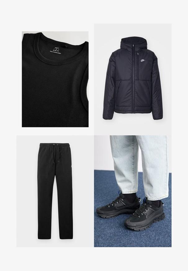 Melna, pufota Nike jaka ar priekšējo rāvējslēdzēju un kapuci. Iezīmēta ar baltu logotipu uz kreisās krūtis un divām priekšējām kabatām. Gluda ārējā tekstūra.; Melns bez piedurknēm topiņš, izgatavots no ribota auduma ar šauru piegriezumu. Tam ir apaļa kakla izgriezuma forma un gludi vīlumi, lai panāktu vienmērīgu apdari.; Melnas sporta bikses, izgatavotas no flīsa, ar elastīgu jostasviedi un auklām, diviem priekšējiem kabatām un nelielu logo uz augšstilba.; Melni sporta apavi ar strukturētu audumu un gumijas zoli, ar elastīgām auklām un zilu akcentu uz papēža. Nēsāti ar gaišām džinsu biksēm.