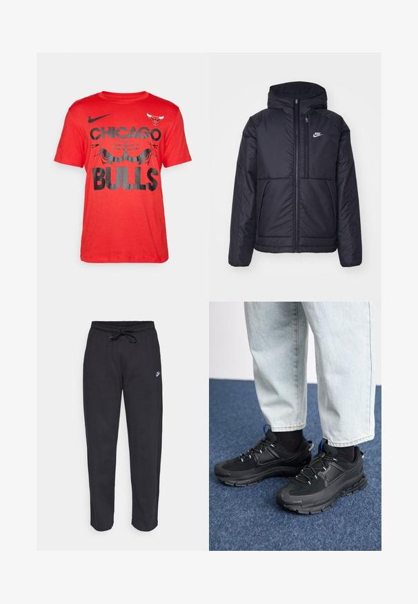 Juodas, paminkštintas Nike džemperis su priekyje užtrauktuku ir gobtuvu. Pasižymi balta logo kairėje krūtinės pusėje ir dviem priekinėmis kišenėmis. Su lygiu išoriniu paviršiumi.; Raudona medvilninė T-marškinė su juodu grafiniu tekstu "CHICAGO BULLS" ir logotipu. Trumpomis rankovėmis, su apykakle ir minkšta tekstūra.; Juodos sportinės kelnės, pagamintos iš minkštos medžiagos, su elastinga juostele, raišteliu ir mažuoju Nike logotipu kairiajame šlaunyje.; Juodi sportiniai bateliai su tekstūruota medžiaga ir guminiais padais, su elastingomis raišteliais ir mėlynu akcentu ant kulno. Dėvimi su šviesiai mėlynomis džinsinėmis kelnėmis.