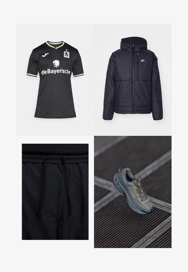 Juodas, paminkštintas Nike džemperis su priekyje užtrauktuku ir gobtuvu. Pasižymi balta logo kairėje krūtinės pusėje ir dviem priekinėmis kišenėmis. Su lygiu išoriniu paviršiumi.; Juoda trumpomis rankovėmis futbolo marškinėliai su V formos iškirpte, mėlyna ir geltona apdaila apykaklėje ir rankovėse, puošiami liūto emblema ir rėmėjo tekstu.; Juodos šortai su raišteliu juosmens srityje, lengva medžiaga su lygiu paviršiumi ir paprastas dizainas be matomų logotipų ar raštų.; Bežiniai ir pilki sportiniai bateliai su tekstūruotu tinkliniu viršumi, apvaliu pirštu ir guminiais padais, turi raištelius ir paminkštintą apykaklę.