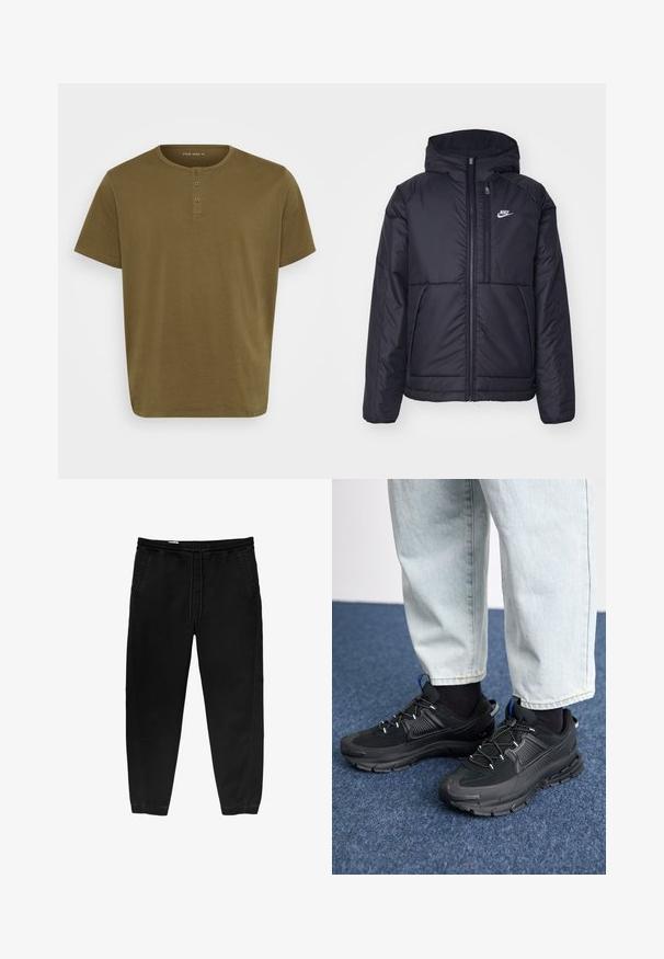 Črna, podložena Nike jakna z sprednjim zadrgo in kapuco. Ima bel logo na levem prsnem delu in dvojna sprednja žepa. Gladka zunanja tekstura.; Olivno zelena majica s okruglim izrezom, kratkim rukavima i kopčanjem na tri dugmeta. Izrađena od mekog pamučnog materijala s glatkom teksturom.; Črne hlače z elastičnim pasom in vrvico, ožji nogi, stranskimi žepi in subtilnimi detajli šivanja na straneh. Mehka bombažna tekstura tkanine.; Črne športne čevlje z teksturirano tkanino in gumijastimi podplati, ki imajo elastične vezalke ter modre poudarke na peti. Nosi se z lahkimi denim hlačami.