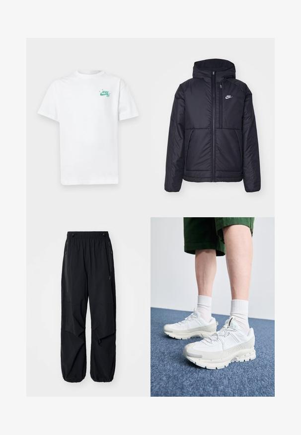 Melna, pufota Nike jaka ar priekšējo rāvējslēdzēju un kapuci. Iezīmēta ar baltu logotipu uz kreisās krūtis un divām priekšējām kabatām. Gluda ārējā tekstūra.; Balta kokvilnas T-kreklu ar nelielu zaļu Nike logotipu uz kreisā krūšu. Īsas piedurknes un klasiskā apaļā kakla dizains. Mīksta tekstūra.; Melnas vieglas kravas bikses ar elastīgu jostu, sānu rāvējslēdzējiem un plašām kabatām. Izaicinājumu veido brīvi pieguļoša piegriezne un sašaurināti aproces.; Baltas sporta apavi ar teksturētām detaļām, masīvu zoli un pelēkiem akcentiem. Valkāti ar baltiem zeķu pēdu apģērbiem un zaļām šortiem uz zilas virsmas.