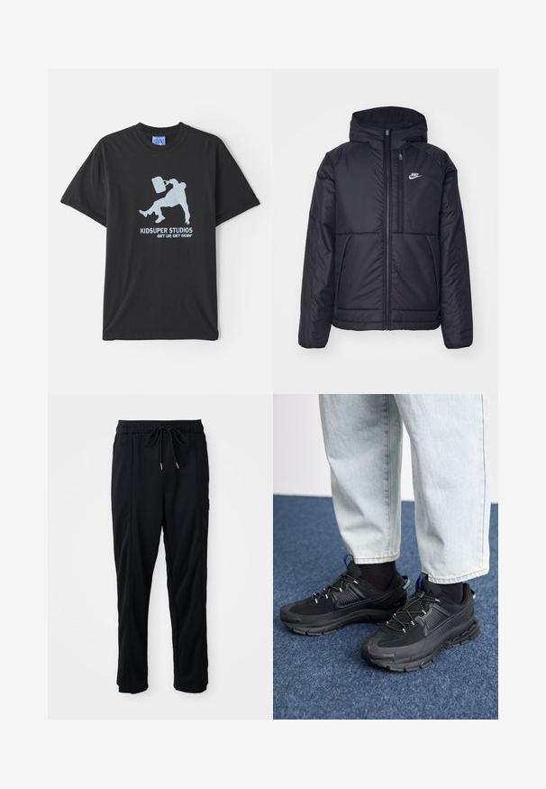 Veste Nike noire rembourrée avec une fermeture éclair sur le devant et une capuche. Elle présente un logo blanc sur la poitrine gauche et deux poches avant. Texture extérieure lisse.; T-shirt en coton noir à manches courtes, avec un graphique bleu clair représentant une personne tenant une mallette et le texte "KIDSUPER STUDIOS GET UP, GET GOIN'."; Pantalons décontractés noirs à taille à cordon de serrage avec poches latérales et coupe droite sur fond uni.; Des chaussures de sport noires avec un tissu texturé et des semelles en caoutchouc, dotées de lacets élastiques et d'un accent bleu au talon. Portées avec un pantalon en denim clair.