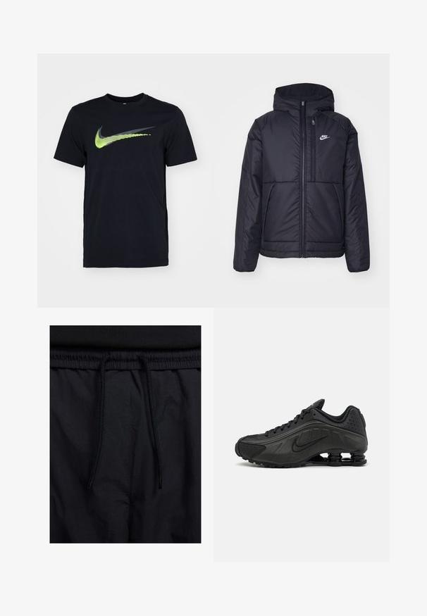 Must musta Nike jope, millel on ees lukuga avamine ja kapuuts. Vasakpoolne rind on kaunistatud valge logoga ning ees on kaks taskut. Sile välimine tekstuur.; Must mustagaheline T-särk, mis on valmistatud puuvillast, millel on ees suur roheline ja hall Nike logo, ümar kaelus.; Mustad lühikesed püksid, millel on paelaga vöökoht, kerge kangas, mis on sileda tekstuuriga ning lihtne disain ilma nähtavate logode või mustriteta.; Mustad mustat jooksujalad, millel on sile sünteetiline ülemus, perforatsioonid, tekstureeritud külgpaneelid ja eristuv elastne tall.