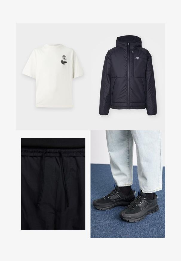 Svart, polstret Nike-jakke med frontglidelås og hette. Har en hvit logo på venstre bryst og doble frontlommer. Glatt ytterside.; Hvit bomull t-skjorte med korte ermer. Har et svart grafisk trykk av et tre og støvler på venstre bryst. Enkelt, avslappet passform-design.; Sorte shorts med snor i livet, lett stoff med en jevn tekstur, og et enkelt design uten synlige logoer eller mønstre.; Svarte sportssko med teksturert stoff og gummisåler, med elastiske lisser og en blå detalj på hælen. Brukt med lyse denimbukser.
