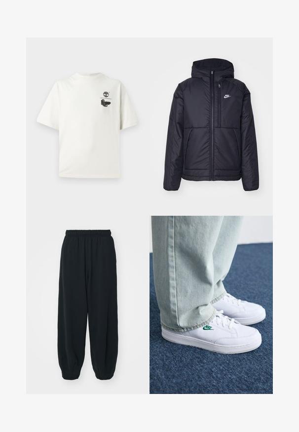 Črna, podložena Nike jakna z sprednjim zadrgo in kapuco. Ima bel logo na levem prsnem delu in dvojna sprednja žepa. Gladka zunanja tekstura.; Bela bombažna majica s kratkimi rokavi. Na levem prsnem delu je črna grafika drevesa in čevljev. Preprost, sproščen kroj.; Črne, elastične hlače za prosti čas z ohlapnim krojem, manšetami na gležnjih, gladko teksturo in brez vidnih vzorcev ali dodatkov.; Bela usnjena športna obutev z zelenim Nike logotipom, okrogla konica, ravna podplat, v kombinaciji z svetlo modrimi kavbojkami, prikazana na modrem preprogu.