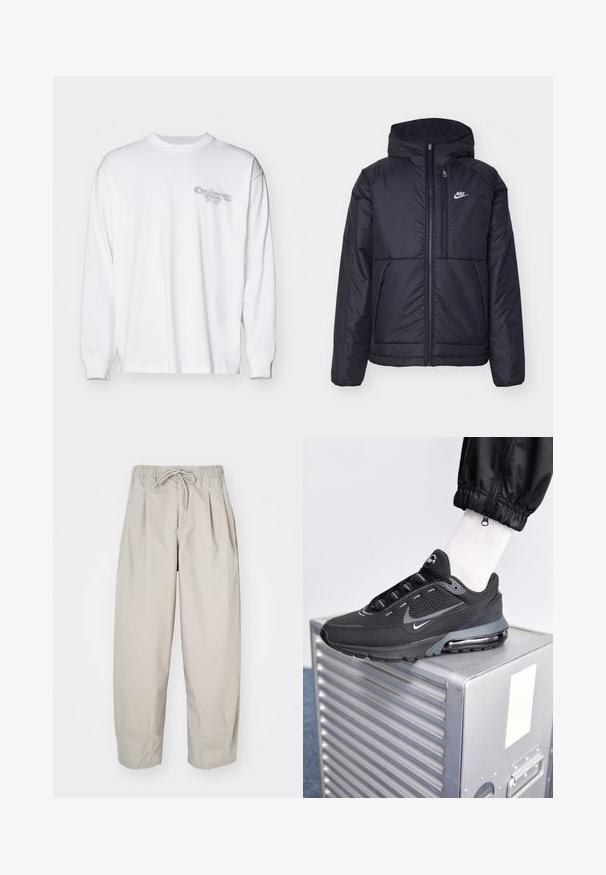 Zwarte, gewatteerde Nike-jas met een voorkant met ritssluiting en capuchon. Kenmerkt zich door een wit logo op de linkerborst en dubbele frontzakken. Gladde buitenkant.; Witte lange mouwen t-shirt van katoen, uitgerust met een klein, textuur grijs logo op de linkerkant van de borst. Gewone pasvorm met ribgebreide manchetten.; Beige, lichte broek met een elastische tailleband en trekkoord. Beschikt over plooien en een losse pasvorm, gemaakt van een zachte, gladde stof.; Nike Sportswear PULSE - Sneakers laag - black/anthracite