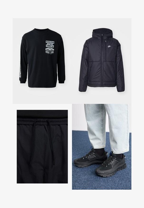 Schwarze, gepolsterte Nike-Jacke mit Frontreißverschluss und Kapuze. Hat ein weißes Logo auf der linken Brust und zwei Fronttaschen. Glattes äußeres Material.; Schwarzes Langarm-T-Shirt mit Rundhalsausschnitt. Mit weißen Druckgrafiken: "Manastash Sports Committee" und einem Design auf der linken Brust.; Schwarze Shorts mit einem Kordelzugbund, leichtem Stoff mit glatter Textur und einem schlichten Design ohne sichtbare Logos oder Muster.; Schwarze Sportschuhe aus strukturiertem Stoff mit Gummisohlen, ausgestattet mit elastischen Schnürsenkeln und einem blauen Akzent an der Ferse. Getragen mit hellen Jeans.