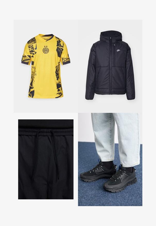 Melna, pufota Nike jaka ar priekšējo rāvējslēdzēju un kapuci. Iezīmēta ar baltu logotipu uz kreisās krūtis un divām priekšējām kabatām. Gluda ārējā tekstūra.; Dzeltena krekls ar melniem abstraktiem rakstiem, apaļu kakla izgriezumu, īsām piedurknēm un centrālo logo ar divām zvaigznēm virs tā.; Melni šorti ar sašūtu jostu, viegls audums ar gludu tekstūru un vienkāršs dizains bez redzamiem logotipiem vai paraugiem.; Melni sporta apavi ar strukturētu audumu un gumijas zoli, ar elastīgām auklām un zilu akcentu uz papēža. Nēsāti ar gaišām džinsu biksēm.