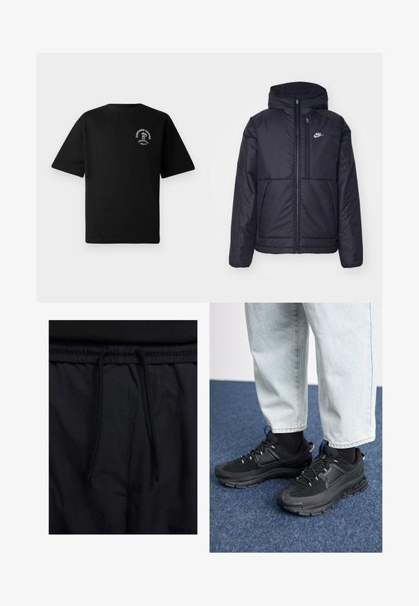 Veste Nike noire rembourrée avec une fermeture éclair sur le devant et une capuche. Elle présente un logo blanc sur la poitrine gauche et deux poches avant. Texture extérieure lisse.; T-shirt noir à manches courtes avec un petit logo blanc sur la poitrine représentant une cafetière et le texte "Cortado Coffee Original 2013."; Shorts noirs avec un élastique à cordon de serrage, en tissu léger avec une texture lisse, et un design simple sans logos ni motifs visibles.; Des chaussures de sport noires avec un tissu texturé et des semelles en caoutchouc, dotées de lacets élastiques et d'un accent bleu au talon. Portées avec un pantalon en denim clair.