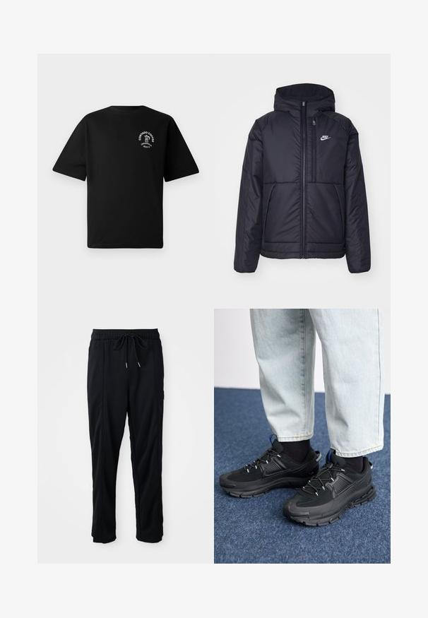 Black, padded Nike jacket with a front zipper and hood. Features a white logo on the left chest and dual front pockets. Smooth exterior texture.; Black short-sleeve T-shirt with a small white logo on the chest showing a coffee pot and text "Cortado Coffee Original 2013."; Black drawstring waist casual pants with side seam pockets and straight leg cut on a plain background.; Black athletic shoes with textured fabric and rubber soles, featuring elastic laces and a blue accent on the heel. Worn with light denim pants.