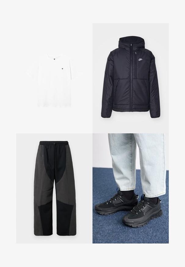 Svart, polstret Nike-jakke med frontglidelås og hette. Har en hvit logo på venstre bryst og doble frontlommer. Glatt ytterside.; Hvit kortermet t-skjorte med rund hals, med en liten sirkulær logo som har et svart "W" på venstre brystområde.; Svarte bukser med fleece-detaljer i en avslappet passform, med kontrasterende mørkegrå stoffpaneler og justerbar snor i midjen.; Svarte sportssko med teksturert stoff og gummisåler, med elastiske lisser og en blå detalj på hælen. Brukt med lyse denimbukser.