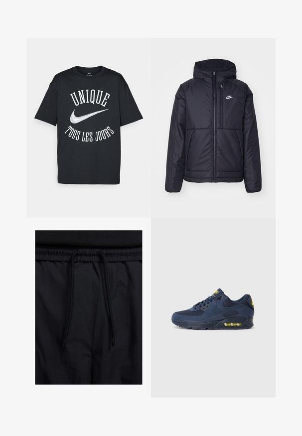 Μαύρο, επενδυμένο μπουφάν Nike με μπροστινό φερμουάρ και κουκούλα. Διαθέτει λευκό λογότυπο στο αριστερό στήθος και διπλές μπροστινές τσέπες. Λείο εξωτερικό υλικό.; Μαύρο βαμβακερό T-shirt με λευκό κείμενο "UNIQUE TOUS LES JOURS" και ασημένιο λογότυπο Nike. Κλασικός σχεδιασμός με στρογγυλή λαιμόκοψη και κοντά μανίκια.; Μαύρο σορτσάκι με ζωνάκι που ρυθμίζεται, ελαφρύ ύφασμα με απλή υφή και απλό σχέδιο χωρίς ορατά λογότυπα ή μοτίβα.; Ναυτικό μπλε Nike Air Max παπούτσια με σουέτ και διχτυωτό επάνω μέρος, με κίτρινες λεπτομέρειες, δέσιμο μπροστά και ορατή αεροστρώση στην σόλα.
