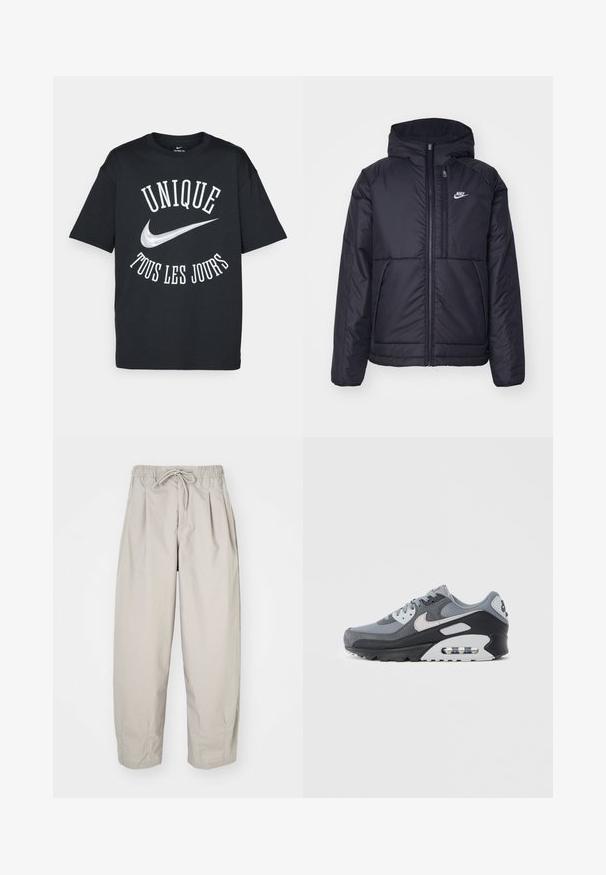 Jachetă Nike neagră, căptușită, cu fermoar pe față și glugă. Prezintă un logo alb pe pieptul stâng și două buzunare frontale. Textură exterioară netedă.; Tricou negru din bumbac, cu text alb "UNIQUE TOUS LES JOURS" și un logo Nike argintiu. Design clasic cu guler rotund și mâneci scurte.; Pantaloni bej, ușori, cu talie elastică și șnur. Prezintă pliseuri și o croială lejeră, realizată dintr-un material moale și neted.; Pantof sport gri, realizat dintr-un amestec de plasă și piele întoarsă, cu talpă neagră și unitate de aer vizibilă. Accente și șireturi gri deschis notabile.