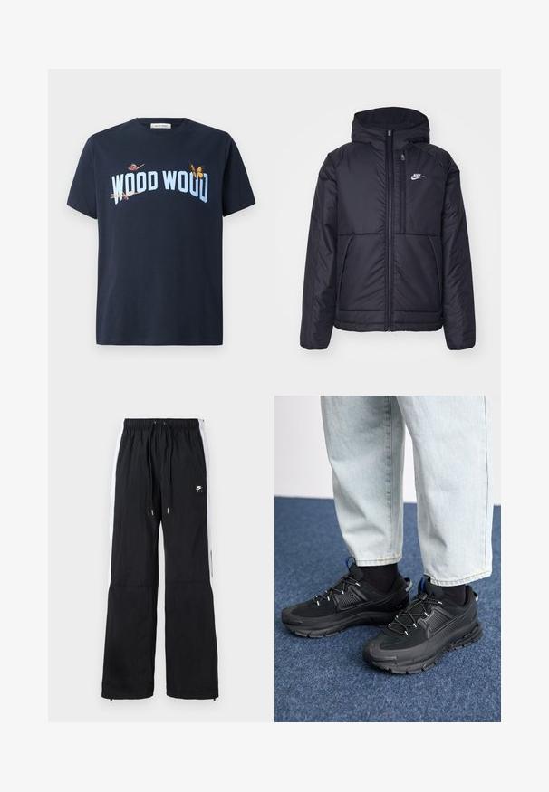Juodas, paminkštintas Nike džemperis su priekyje užtrauktuku ir gobtuvu. Pasižymi balta logo kairėje krūtinės pusėje ir dviem priekinėmis kišenėmis. Su lygiu išoriniu paviršiumi.; Tamsiai mėlynos medvilnės marškinėliai su „WOOD WOOD“ tekstu šviesiai mėlyna spalva, priekinėje pusėje su įvairiaspalviais drugelių motyvais. Trumpomis rankovėmis, apykaklė išpjovimu.; Juodi sportiniai kelnės su elastine juosta, baltomis šoninėmis juostelėmis, užtrauktukais ant apačios ir guminėmis logotipo detalėmis priekyje.; Juodi sportiniai bateliai su tekstūruota medžiaga ir guminiais padais, su elastingomis raišteliais ir mėlynu akcentu ant kulno. Dėvimi su šviesiai mėlynomis džinsinėmis kelnėmis.
