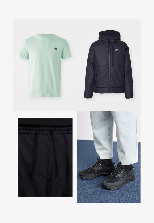 Juodas, paminkštintas Nike džemperis su priekyje užtrauktuku ir gobtuvu. Pasižymi balta logo kairėje krūtinės pusėje ir dviem priekinėmis kišenėmis. Su lygiu išoriniu paviršiumi.; Mėtų žalios medvilnės marškinėliai su apvalia iškirpte ir trumparankoviais. Kairėje krūtinės pusėje yra mažas tamsiai žalias medžio logotipas. Lygus paviršius.; Juodos šortai su raišteliu juosmens srityje, lengva medžiaga su lygiu paviršiumi ir paprastas dizainas be matomų logotipų ar raštų.; Juodi sportiniai bateliai su tekstūruota medžiaga ir guminiais padais, su elastingomis raišteliais ir mėlynu akcentu ant kulno. Dėvimi su šviesiai mėlynomis džinsinėmis kelnėmis.