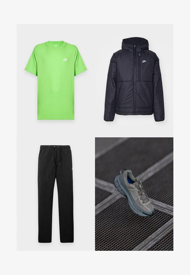Černá zateplená bunda Nike s předním zipem a kapucí. Na levé straně hrudi má bílé logo a dvojité přední kapsy. Hladký povrch.; Zelené bavlněné tričko s krátkými rukávy, kulatým výstřihem a malým bílým logem Nike na levé straně hrudi. Hladká textura, běžný střih.; Černé teplákové kalhoty vyrobené z fleecu, s elastickým pasem a šňůrkami, dvěma předními kapsami a malým logem na stehně.; Béžová a šedá sportovní bota s texturovaným síťovinovým svrškem, zaoblenou špičkou a gumovou podrážkou, vybavená tkaničkami a polstrovaným límcem.