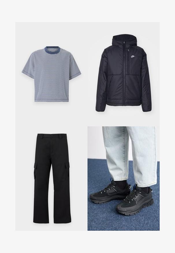 Must musta Nike jope, millel on ees lukuga avamine ja kapuuts. Vasakpoolne rind on kaunistatud valge logoga ning ees on kaks taskut. Sile välimine tekstuur.; Sinine ja valge triibuline lühikeste varrukatega t-särk, ümara kaelusega ja vabalt langeva lõikega, valmistatud pehmest, kergest kangast.; Mustad mustad püksid sirge lõikega disainiga. Valmistatud vastupidavast kangast, millel on kaks külgtaskut klappidega ja nupuvajutusega esiosa.; Mustad mustad jooksukingad, millel on tekstureeritud kangas ja kummist tallad, elastsed nöörid ning sinine aksent kandadel. Kandmine heledate teksadega.