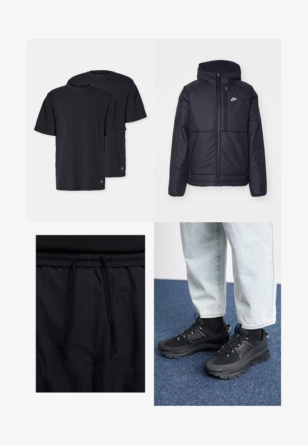 Casaco Nike preto, acolchoado, com fecho à frente e capuz. Apresenta um logo branco no lado esquerdo do peito e dois bolsos frontais. Textura exterior lisa.; T-shirts de algodão pretos em corte padrão, com mangas curtas e design de gola redonda. Inclui pequeno logotipo na bainha esquerda. Pacote com dois.; Calções pretos com um cós elástico ajustável, fabricados em tecido leve com uma textura suave e um design simples, sem logótipos ou padrões visíveis.; Sapatilhas desportivas pretas com tecido texturizado e solas em borracha, apresentando atacadores elásticos e um detalhe azul no calcanhar. Usadas com calças de ganga claras.