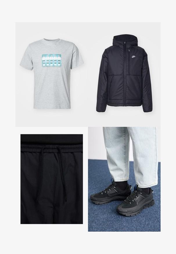 Črna, podložena Nike jakna z sprednjim zadrgo in kapuco. Ima bel logo na levem prsnem delu in dvojna sprednja žepa. Gladka zunanja tekstura.; Siva bombažna majica s tiskom v središču, ki prikazuje pet nogometašev v belih dresih s teal akcenti, okrogli izrez in kratkimi rokavi.; Črne kratke hlače z vrvico v pasu, lahkotna tkanina z gladko teksturo in preprosto zasnovo brez vidnih logotipov ali vzorcev.; Črne športne čevlje z teksturirano tkanino in gumijastimi podplati, ki imajo elastične vezalke ter modre poudarke na peti. Nosi se z lahkimi denim hlačami.