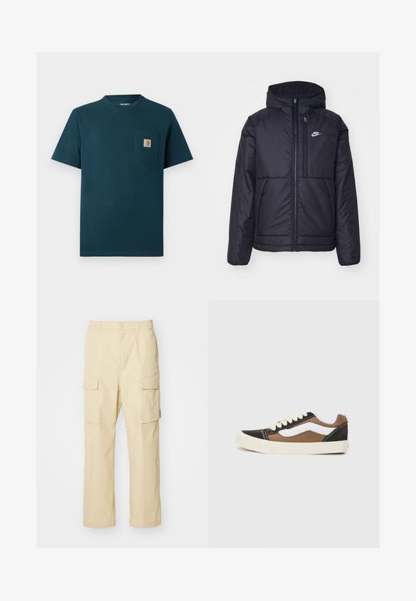 Must musta Nike jope, millel on ees lukuga avamine ja kapuuts. Vasakpoolne rind on kaunistatud valge logoga ning ees on kaks taskut. Sile välimine tekstuur.; Tumedatehised lühikeste varrukatega ümmarguse kaelusega T-särk, millel on ees rinna peal tasku ja väike Carhartti logopatch.; Bežid värviga cargo püksid, mis on valmistatud elastse vöökohtaga kangast ja nupuga kinnitusega. Omavad kahte küljetaskut ja lihtsat disaini.; Mustmust mustad mustade ja pruunide tossude sissevienud valged aktsendid, kanvasmaterjal, madal disain, ümmargune nina ja beež kummitald. Omab kontrastset õmblust.