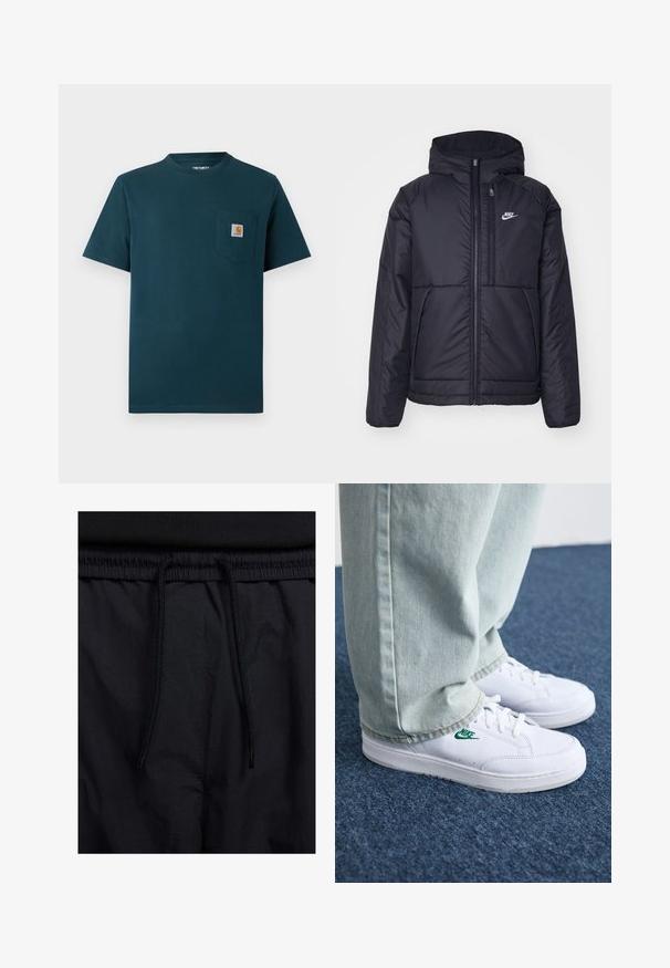 Casaco Nike preto, acolchoado, com fecho à frente e capuz. Apresenta um logo branco no lado esquerdo do peito e dois bolsos frontais. Textura exterior lisa.; T-shirt de gola redonda em azul-escuro com mangas curtas e um bolso no peito da frente, apresentando um pequeno patch com o logótipo da Carhartt.; Calções pretos com um cós elástico ajustável, fabricados em tecido leve com uma textura suave e um design simples, sem logótipos ou padrões visíveis.; Tênis de couro brancos com logo verde da Nike, bico redondo, sola plana, combinados com calças de denim azul claro, exibidos sobre um tapete azul.