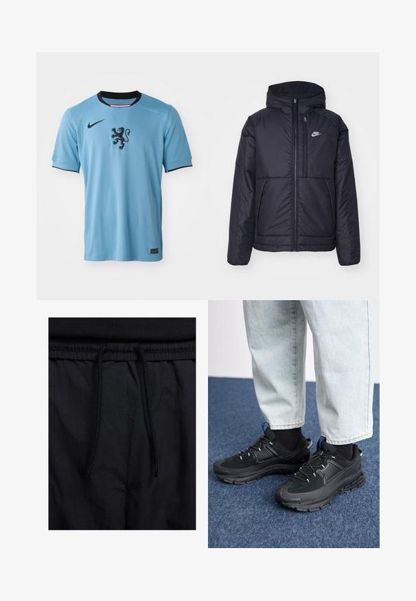 Svart, polstret Nike-jakke med frontglidelås og hette. Har en hvit logo på venstre bryst og doble frontlommer. Glatt ytterside.; Lyseblå Nike-drakt med svarte detaljer, med et løveemblem på brystet og svart krage. Laget av glatt, pustende stoff.; Sorte shorts med snor i livet, lett stoff med en jevn tekstur, og et enkelt design uten synlige logoer eller mønstre.; Svarte sportssko med teksturert stoff og gummisåler, med elastiske lisser og en blå detalj på hælen. Brukt med lyse denimbukser.