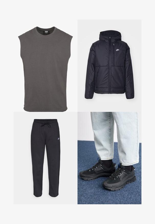 Černá zateplená bunda Nike s předním zipem a kapucí. Na levé straně hrudi má bílé logo a dvojité přední kapsy. Hladký povrch.; Šedé bavlněné tričko s krátkým rukávem, kulatým výstřihem a uvolněným střihem. Jednoduchý design, měkká textura, žádné vzory ani viditelné doplňky.; Černé tepláky vyrobené z měkké tkaniny s elastickým pasem, šňůrkou na stažení a malým logem Nike na levém stehně.; Černé sportovní boty s texturovanou tkaninou a gumovou podrážkou, s elastickými tkaničkami a modrým akcentem na patě. Nosí se s světlými džíny.