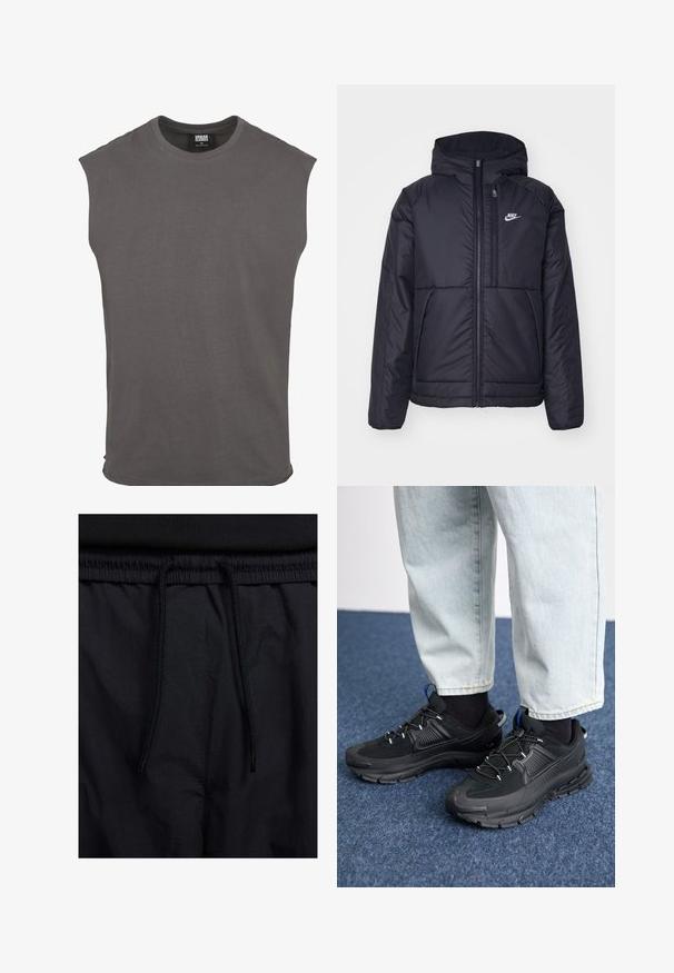 Giacca Nike nera, imbottita, con zip frontale e cappuccio. Presenta un logo bianco sul lato sinistro del petto e doppie tasche frontali. Texture esterna liscia.; T-shirt grigio in cotone a maniche corte con scollatura rotonda e vestibilità comoda. Design semplice, texture morbida, senza motivi o hardware visibile.; Shorts neri con vita regolabile tramite coulisse, tessuto leggero con una texture liscia e un design semplice senza loghi o motivi visibili.; Scarpe sportive nere con tessuto testurizzato e suole in gomma, dotate di lacci elastici e un accento blu sul tallone. Indossate con pantaloni in denim chiaro.