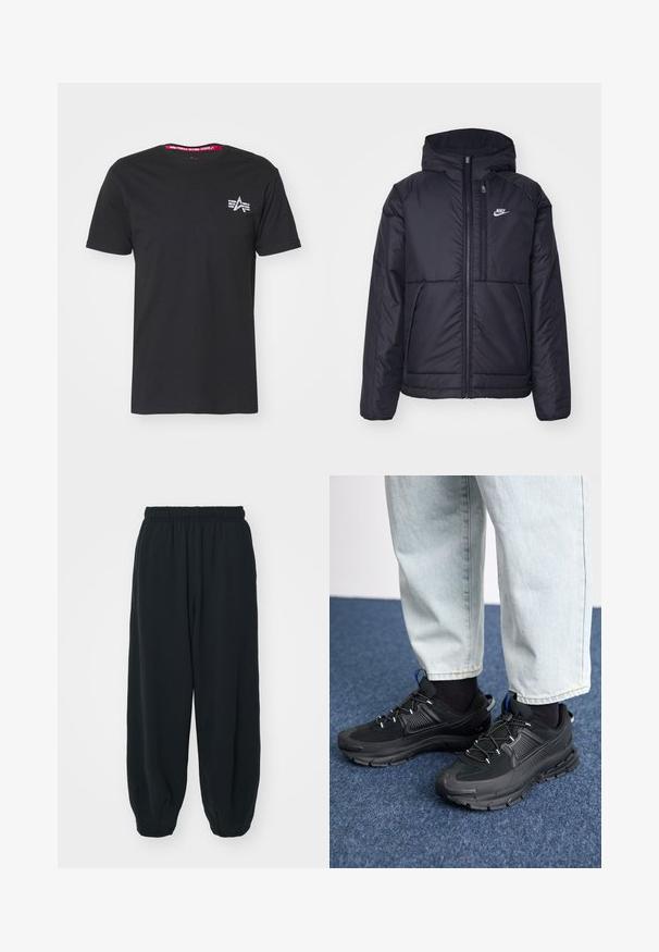 Black, padded Nike jacket with a front zipper and hood. Features a white logo on the left chest and dual front pockets. Smooth exterior texture.; Black cotton t-shirt with short sleeves. Features a small white logo on the left chest and a contrasting red inner neckline.; Black, elasticated-waist sweatpants with a loose fit, cuffed ankles, smooth texture, and no visible patterns or hardware accents.; Black athletic shoes with textured fabric and rubber soles, featuring elastic laces and a blue accent on the heel. Worn with light denim pants.