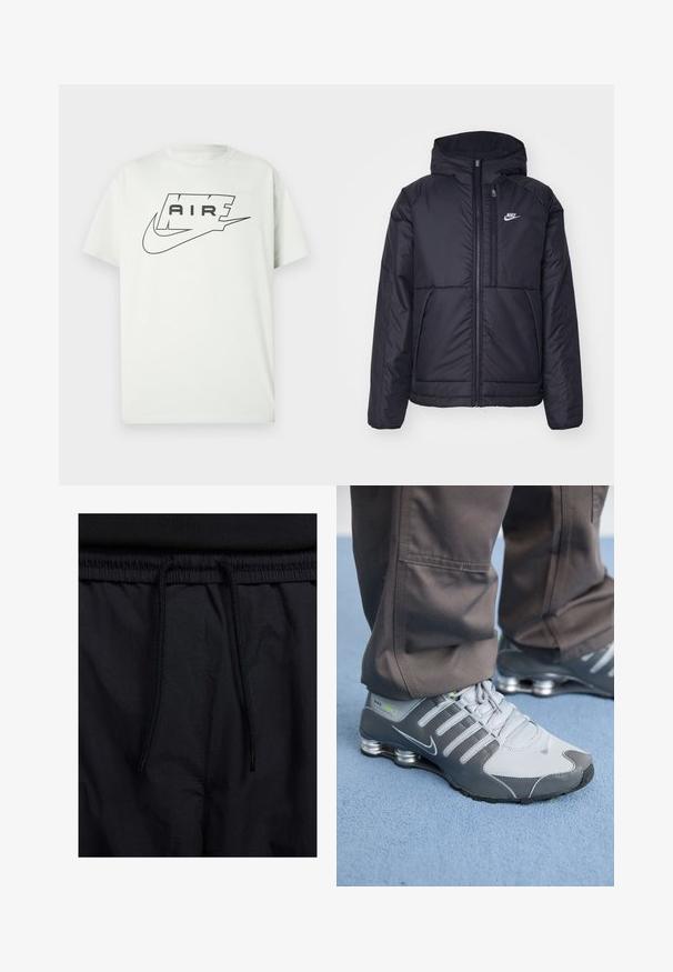 Black, padded Nike jacket with a front zipper and hood. Features a white logo on the left chest and dual front pockets. Smooth exterior texture.; White short-sleeve T-shirt with black Nike Air logo, featuring the word "AIR" inside a stylized outline above the classic swoosh.; Black shorts featuring a drawstring waistband, lightweight fabric with a smooth texture, and a simple design without visible logos or patterns.; Gray and silver Nike Shox sneakers feature a sleek design, with mesh and synthetic materials, a rounded toe, and a padded collar.