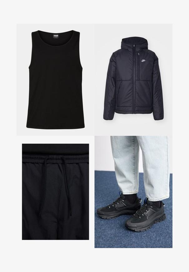 Must musta Nike jope, millel on ees lukuga avamine ja kapuuts. Vasakpoolne rind on kaunistatud valge logoga ning ees on kaks taskut. Sile välimine tekstuur.; Must must särk, mis on valmistatud pehmest puuvillakangast. Omab ümmargust kaelust ja laiale varrukale, ilma nähtavate mustrite või dekoratsioonideta.; Mustad lühikesed püksid, millel on paelaga vöökoht, kerge kangas, mis on sileda tekstuuriga ning lihtne disain ilma nähtavate logode või mustriteta.; Mustad mustad jooksukingad, millel on tekstureeritud kangas ja kummist tallad, elastsed nöörid ning sinine aksent kandadel. Kandmine heledate teksadega.