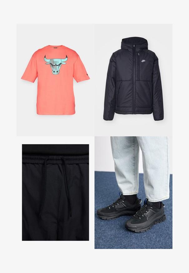 Juodas, paminkštintas Nike džemperis su priekyje užtrauktuku ir gobtuvu. Pasižymi balta logo kairėje krūtinės pusėje ir dviem priekinėmis kišenėmis. Su lygiu išoriniu paviršiumi.; Koralinės spalvos trumpomis rankovėmis marškinėliai, pagaminti iš medvilnės, su turkio spalvos buliuko grafiką priekyje. Standartinio silueto, apvaliu iškirpimu.; Juodos šortai su raišteliu juosmens srityje, lengva medžiaga su lygiu paviršiumi ir paprastas dizainas be matomų logotipų ar raštų.; Juodi sportiniai bateliai su tekstūruota medžiaga ir guminiais padais, su elastingomis raišteliais ir mėlynu akcentu ant kulno. Dėvimi su šviesiai mėlynomis džinsinėmis kelnėmis.