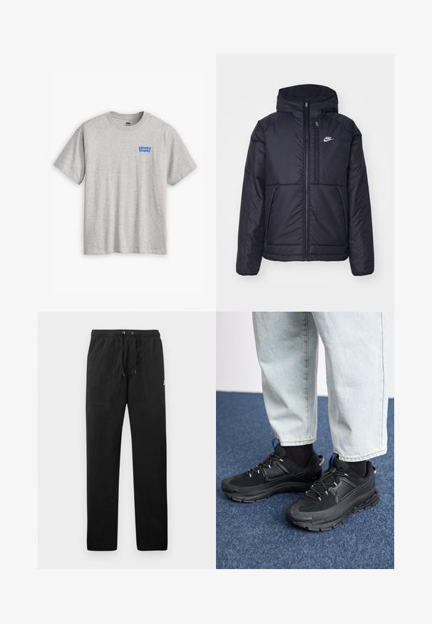 Juodas, paminkštintas Nike džemperis su priekyje užtrauktuku ir gobtuvu. Pasižymi balta logo kairėje krūtinės pusėje ir dviem priekinėmis kišenėmis. Su lygiu išoriniu paviršiumi.; Pilkas medvilninis marškinėlis su trumpomis rankovėmis ir apvalia iškirpte, ant kairio krūtinės krašto esantis mėlynas Levi's logotipas.; Juodos vilnonės kelnės su elastiniu juosmeniu ir raišteliais, dviem priekinėmis kišenėmis ir maža slogo ant šlaunies.; Juodi sportiniai bateliai su tekstūruota medžiaga ir guminiais padais, su elastingomis raišteliais ir mėlynu akcentu ant kulno. Dėvimi su šviesiai mėlynomis džinsinėmis kelnėmis.